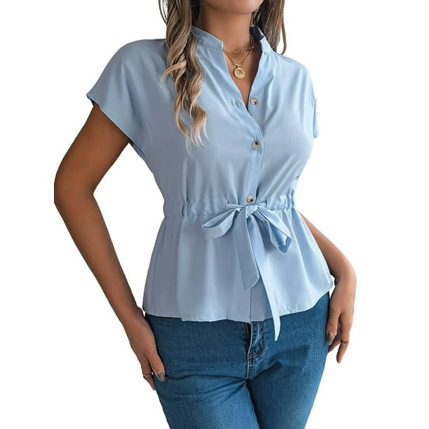 Blusas de Mujer con Botones, Blusas Casuales de Verano, Camisas Elegantes de para el Trabajo, Azul , Talla M
