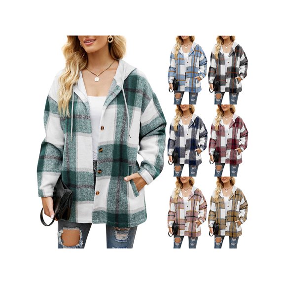 Women Fall Coat Flannel Plaid Print Shacket Long Sleeve Shirts Hooded Jacket with Buttons and Pockets Outerwear for Autumn
