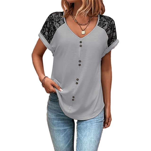 Camiseta de empalme de botones con cuello en V y manga corta holgada informal de verano para mujer para damas y niñas