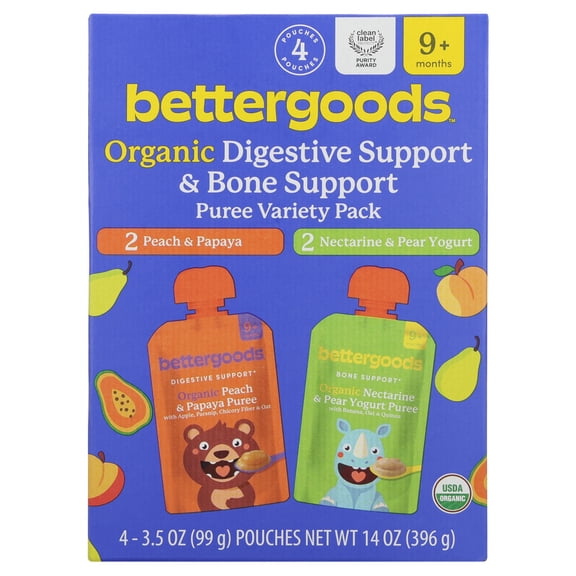 bettergoods Organic Stage 3 Baby Food Digestive Support and Bone Support Variety Pack, 3.5 oz Pouches, 4 Count