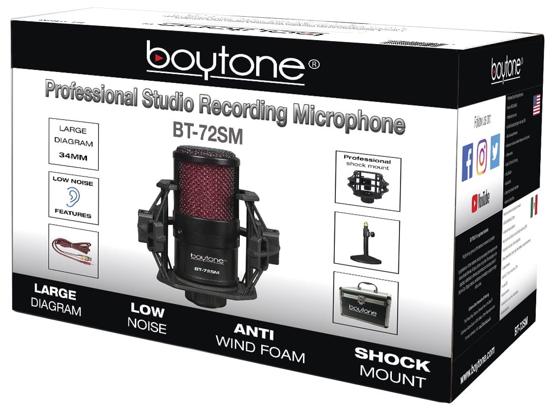 Boytone BT-72SM Professional Cardioid Condenser Studio Microphone, 34mm Large Diaphragm with Metal and Shock Mount, XLR Cable Aluminum carrying case