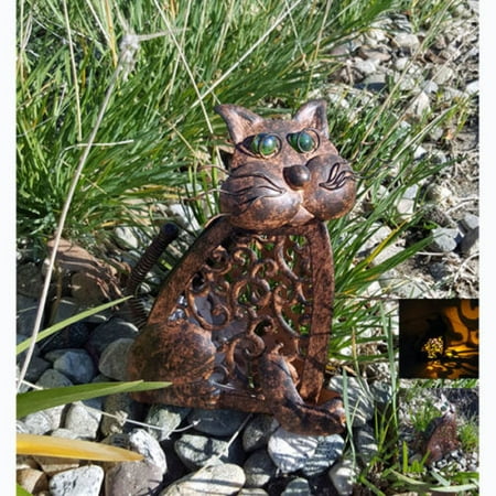 Led Metal Gear - Solar Powered Antique Metal Cat with Amber LED Light
