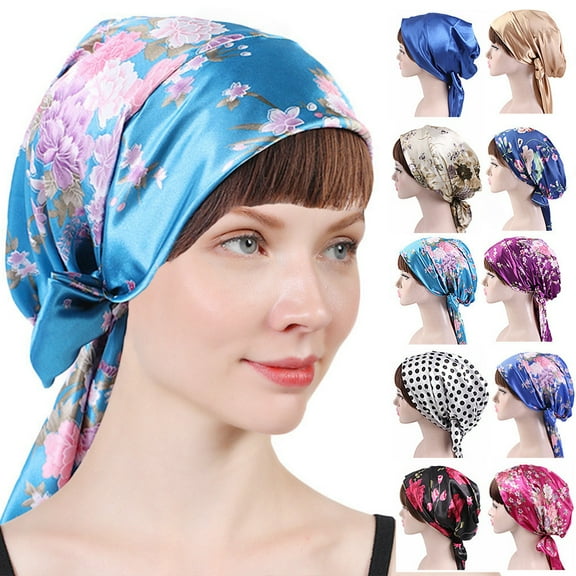 Women Soft Satin Head Scarf Sleeping Cap Bonnet Headwear Turbans Long Hair Headwraps Cancer Printing Hat