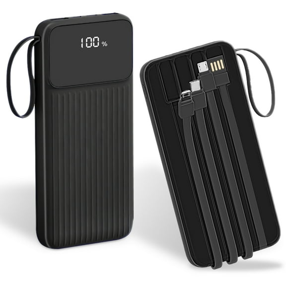 PD22.5W Fast Charger TeqHome 20000mAh Fast Charging Power Bank with 4 Inbuilt Cables Digital Display Handle Fit For IOSPhone 15/14 Android Phone Black