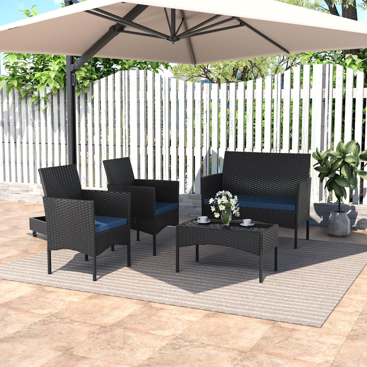 ASJMR 4 Pieces Outdoor Patio Furniture Sets Wicker Rattan Conversation Chair Set with with Cushions & Tempered Glass Table for Patio Pool Backyard,Navy