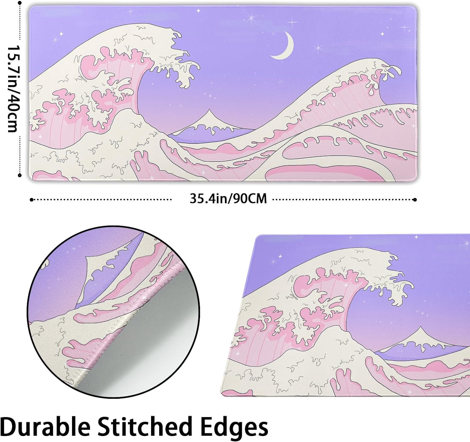 Pink Purple Japanese Anime Gaming Mouse Pad XXL Cute Kawaii Aesthetic Sea Wave Extended Large Desk Mat Non-Slip Rubber Base Stitched Edge Long Keyboard Mousepad for PC Computer Laptop,35.4×15.7 in