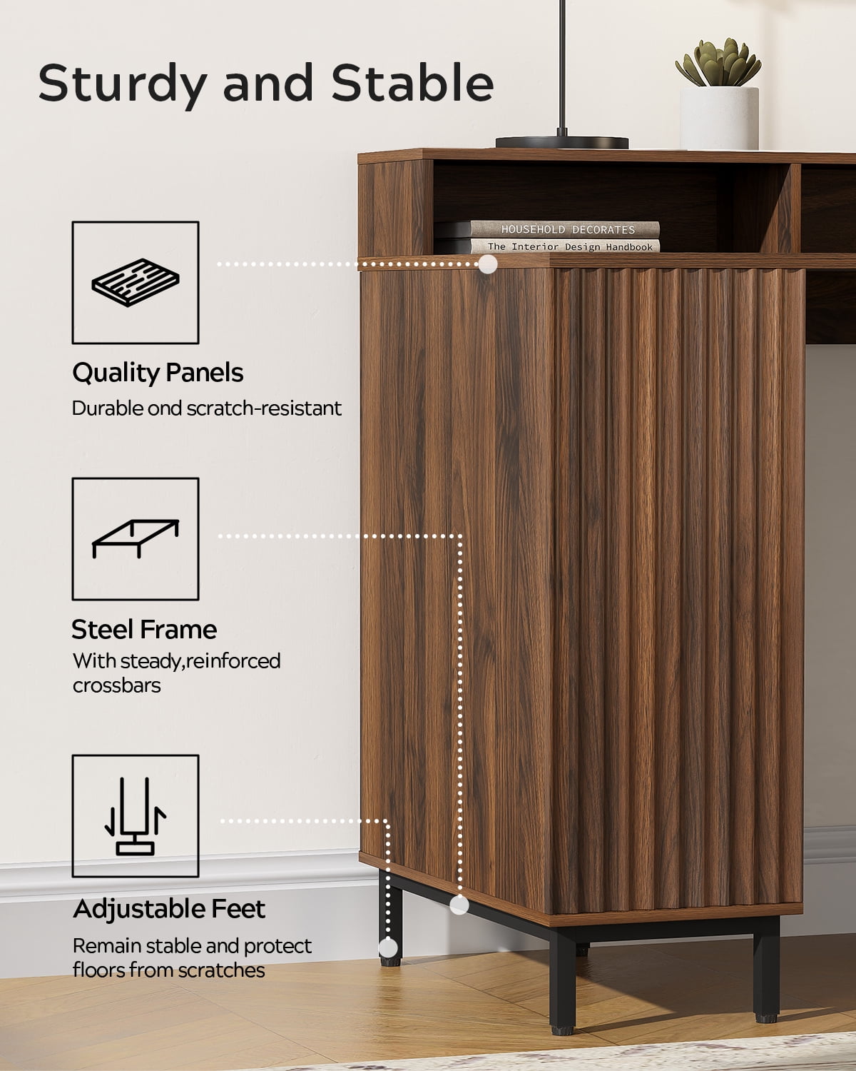 EYYTHUNG Fluted Executive Desk, 55" Modern Wood Office Desk with Monitor Stand & Charging Station, Home Writing Study Computer Table, Brown