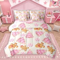 Homewish Kawaii Pink Xams Tree Bedding Comforter Set 7pcs, Cartoon Gingerbread Man Queen Bedding Sets, Merry Christmas Reversible Queen Sheet Sets, Luxury Bedroom Decor