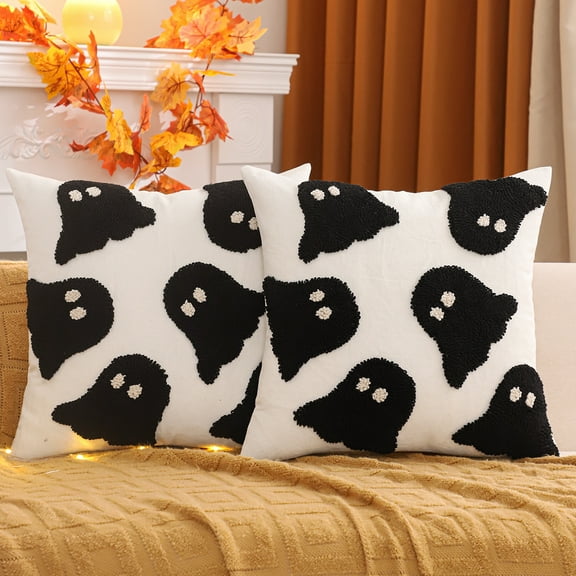Tosleo Halloween Throw Pillow Covers 18x18 Set of 2 Black Ghosts Embroidered Pillow Cases Holiday Velvet Cushion Covers for Couch Sofa Bed