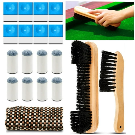 19 Pcs Billiards Pool Table Rail Brush Cleaning Kit Pool Table Brush Set with Cue Chalk Cubes Cloth Slip on Cue Tip for Wooden Kit of Billiard Accessories