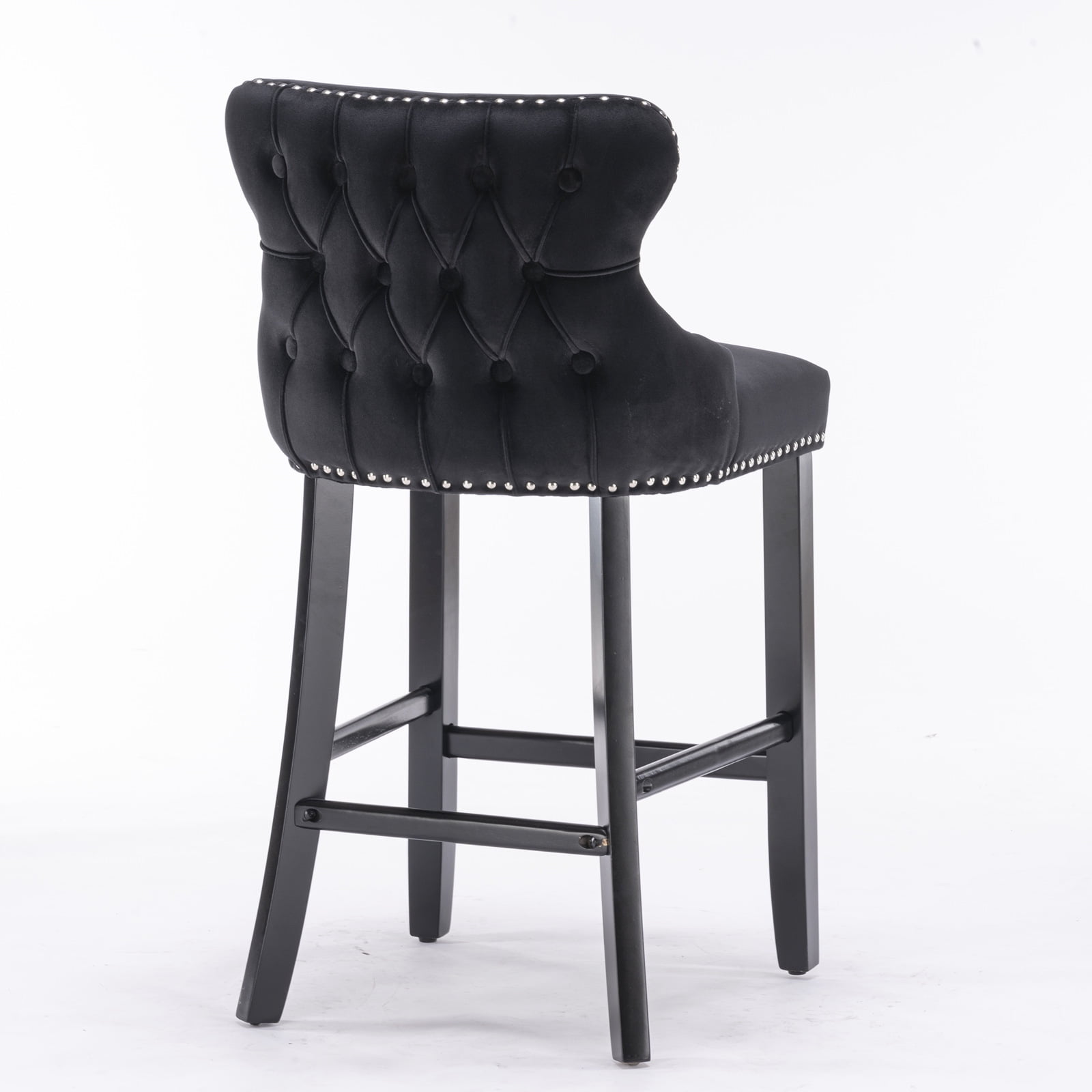 27" Padded Bar Stools, Tufted Velvet Upholstered Wing-Back Barstools with Nailhead Trim, Footrest and Solid Wood Legs, Comfy Button Tufted Counter Height Chairs Kitchen Chairs (Black,Set of 2)