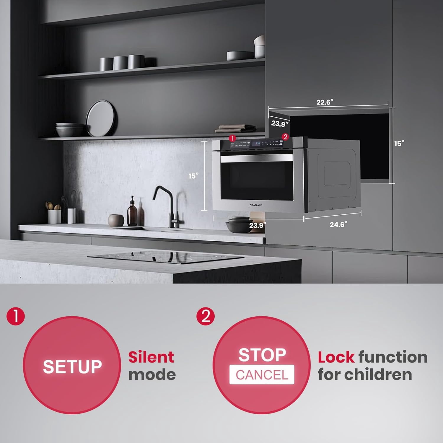 GASLAND 24 Inch 1.2 Cu. Ft. Built-in Microwave Drawers in Stainless Steel, 1000 W
