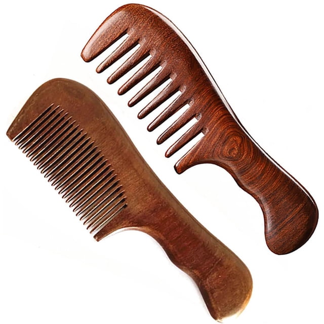Juego de peines para el cabello de sándalo de 2 piezas para mujeres y hombres, peine antiestático de madera con dientes finos y anchos para desenredar cabello rizado, fino, liso, húmedo y seco