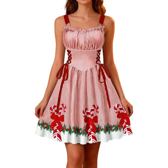 ZHOUCHANKIDS Women's Christmas Maxi Dress, Casual Sleeveless Dresses for Women with Adjustable Strap, Christmas Printed Sundress for Holiday Party Red XXL