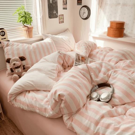 Pink and White Striped Comforter Set Soft Washed Microfiber Bedding Comforter Lightweight Cozy Striped Bed Comforter with Pillowcases for Bedroom Twin Size