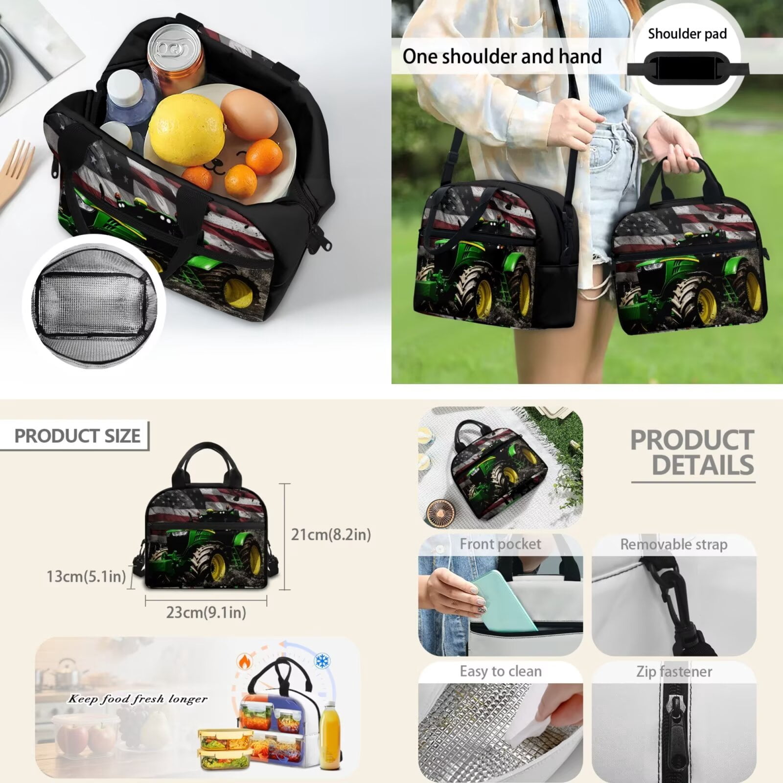 XYZCANDO Tractor 5 Piece Kids Backpack Set with Lunch Box Pencil Case 2 Pcs Bookmark Large Capacity Flag Bookbag for Kids Teens Toddler