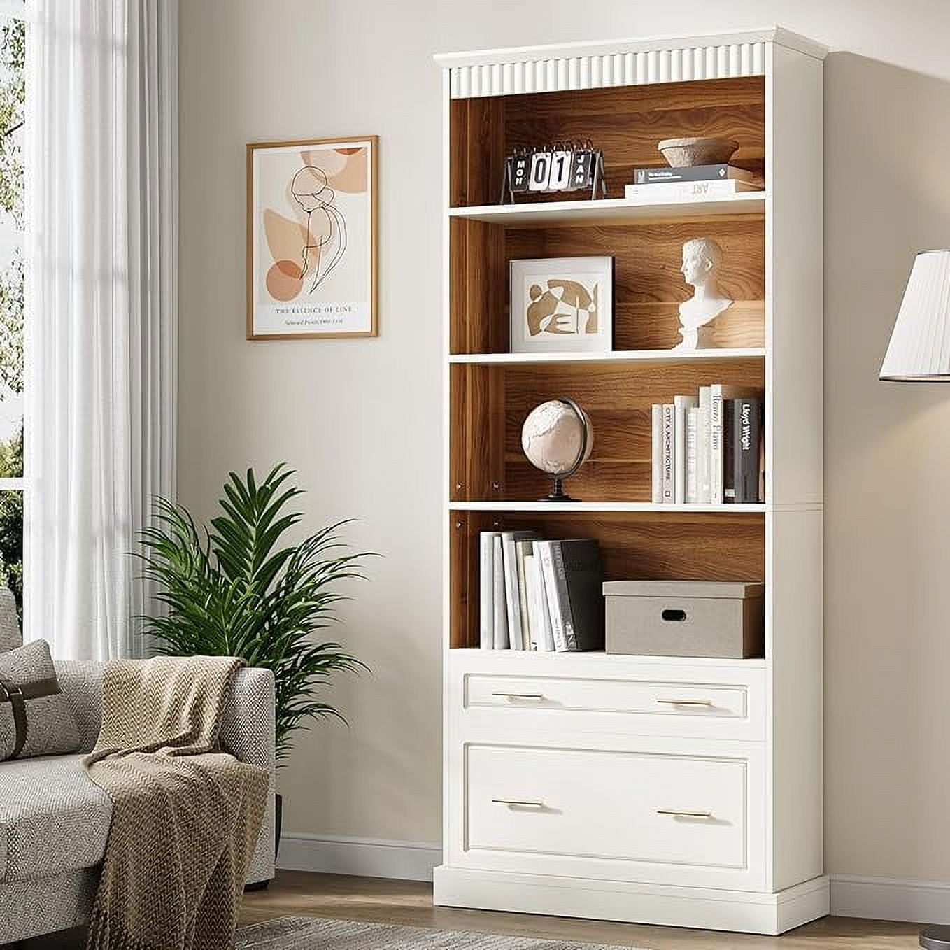 Tribesigns 5-Shelf Bookcase with File Cabinet Drawer, Modern Storage Shelf for Living Room, White