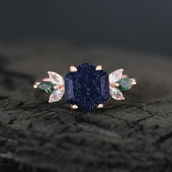 Galaxy Hexagon Cut Blue Sandstone Engagement Ring Moss Agate Moissanite Six Stone Ring Vintage Cluster Ring Women Gold Jewelry Birthday Gift