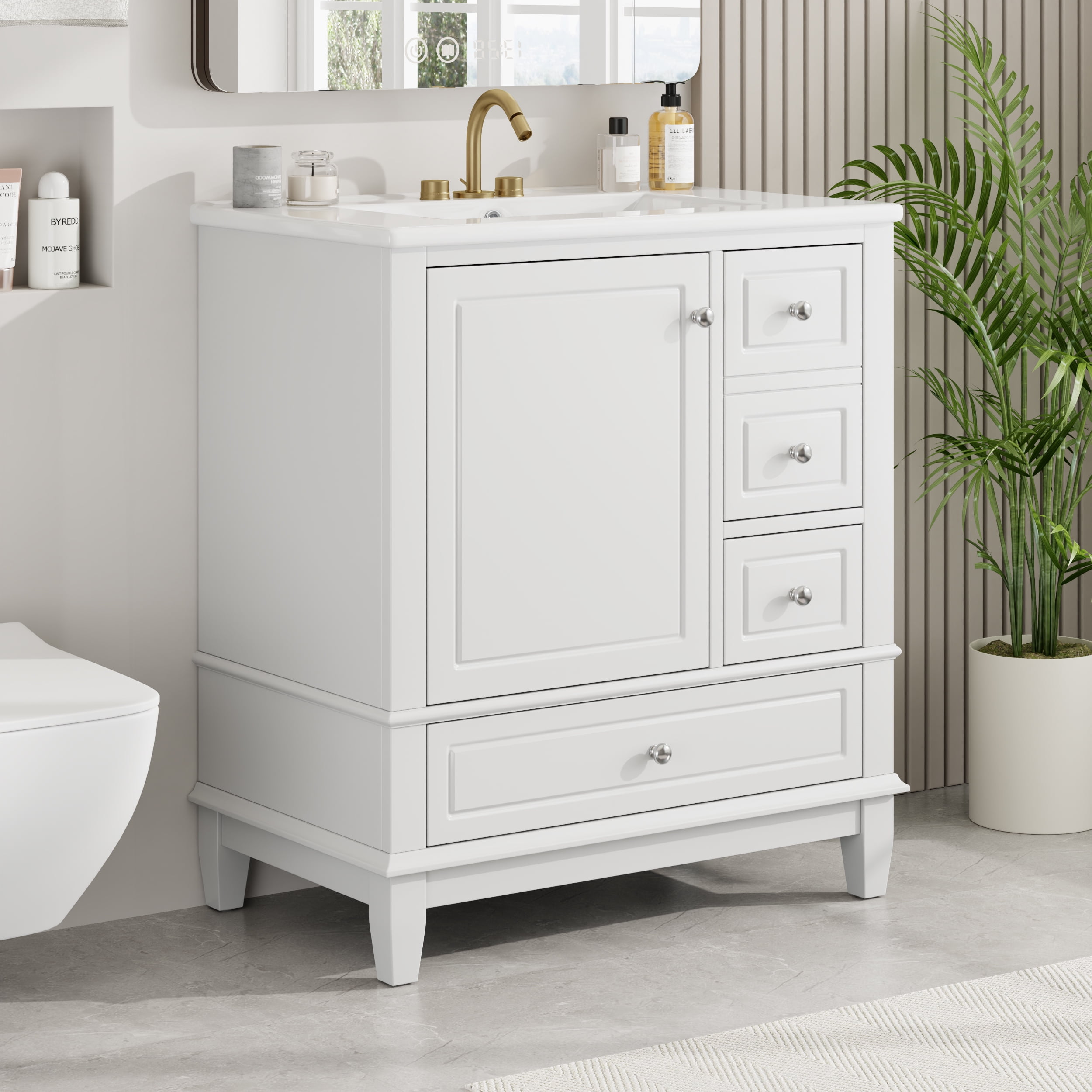 Euroco 30" Bathroom Vanity with Sink, One Door with Shelf and Three Drawers, Soft Close Door
