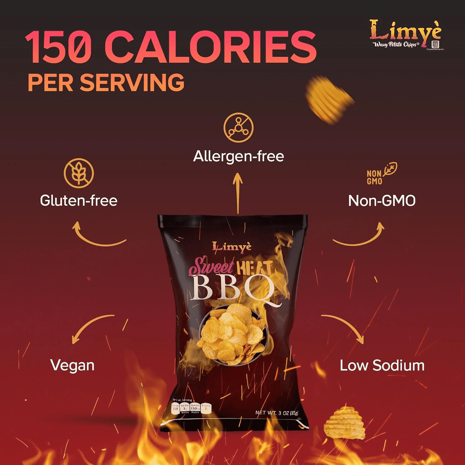 Limyè Potato Chips, World Spice Flavor and Sweet Heat BBQ, Kosher, Allergen Free, Vegan, 12 Pack, 3 Oz