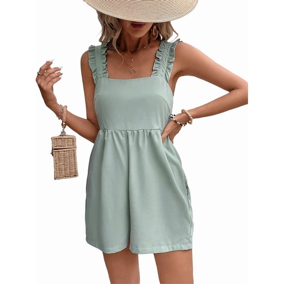 Women'S Summer Casual Rompers Square Neck Sleeveless Loose Short Jumpsuit Flowy Beach Outfits with Pockets Green M