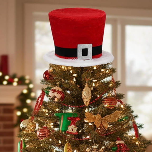 Tree Topper Hat Large Red Velvet Hat with Black Band Santa Tree Top Topper Decorations Old World Desktop Ornaments for Home Xmas Holiday Winter Decor