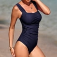 thumbnail image 4 of Women's Tummy Control One Piece Swimsuits Ruched Retro Modest Swimwear Vintage Slimming Plus Size Bathing Suit (Navy,XL), 4 of 5