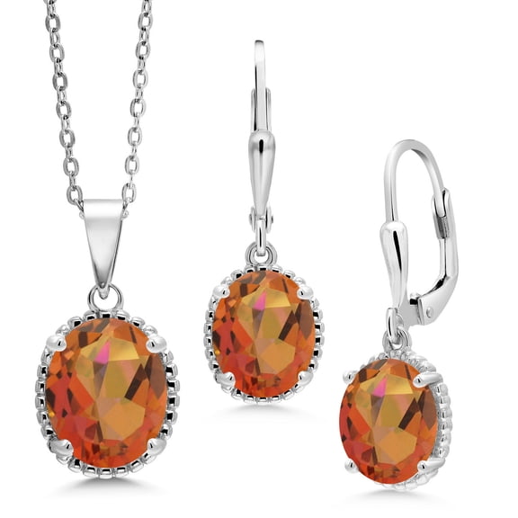 Gem Stone King 7.20 Cttw Twilight Orange Mystic Quartz Pendant and Earrings Jewelry Set for Women | 925 Sterling Silver | Gemstone Birthstone | Oval 11X9MM and 9X7MM | With 18 inch Silver Chain