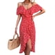 thumbnail image 1 of Vestido largo irregular rojo con escote en V, mangas con volantes y estampado floral, con cinturón, 1 of 6