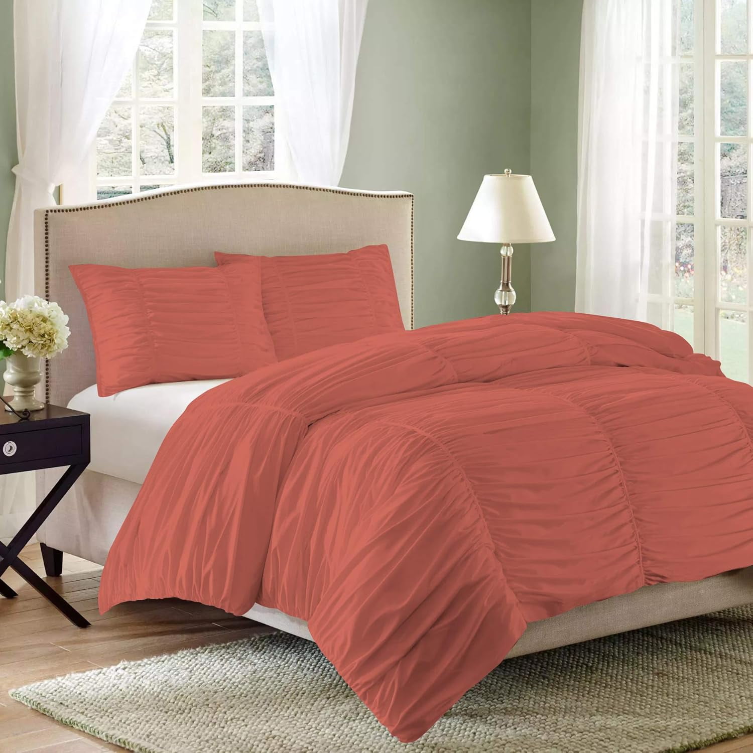 DNG Creations 5 Piece Ruched Pattern Duvet Cover 100% Egyptian Cotton, 800 TC- With Zipper Closure & Corner Ties ( Solid Brick Red - Oversized Queen )