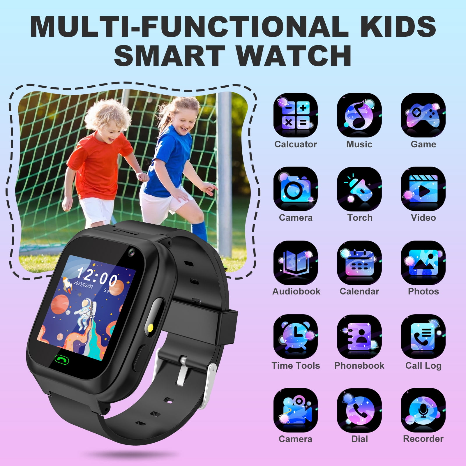 TOPCHANCES Kids Smart Watch for Boys Girls, Touch Screen Smartwatch with Call, 8 Games, Camera, Video, Calculator, Music Player (Black)