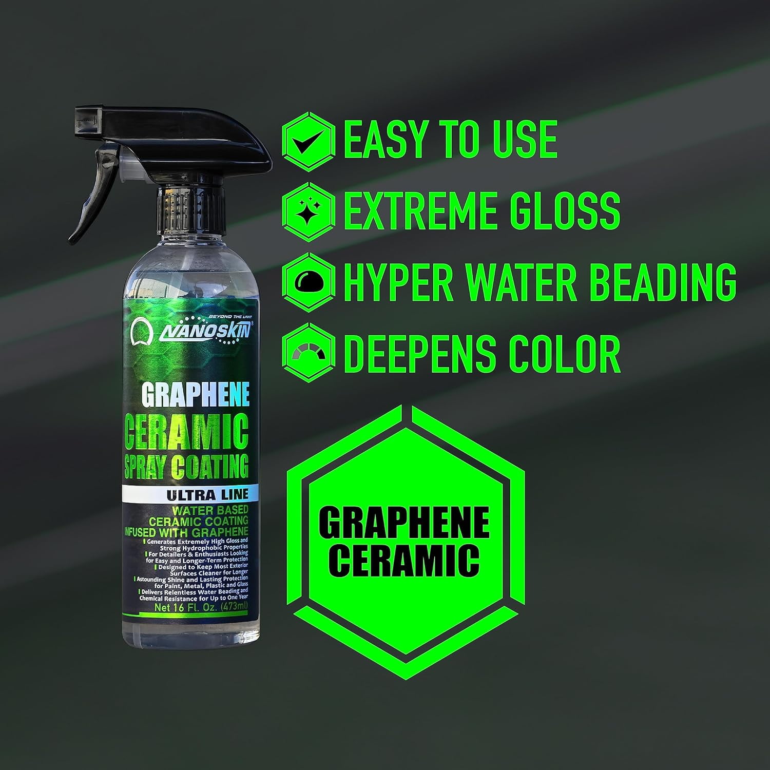 Nanoskin GRAPHENE Ceramic Spray Coating 30 Gallons – Water Based Super Hydrophobic Spray Substitutes Car Waxes, Paint Sealant, Top Coat Polymer | Apply after Car Wash, Clay Bar, Car Polisher Buffer