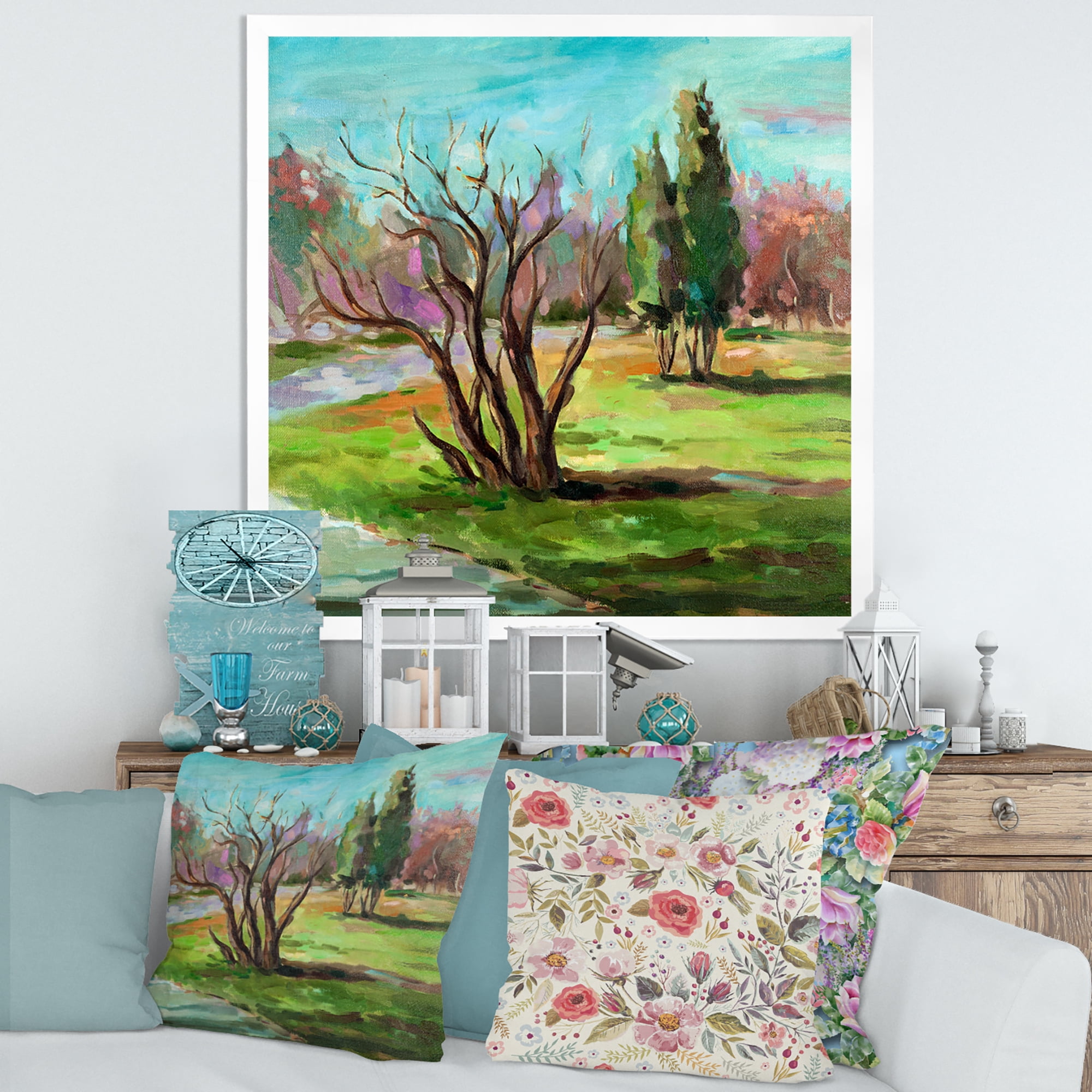 Designart 'Two Distant Trees In A Vibrant Green Landscape' Traditional Framed Art Print