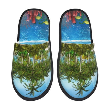 Balery Island And Coral Reef Slient Indoor Furry Fleece Comfort House Shoes Soft Non-Slip Home Shoes Cotton slippers House Slippers-- Medium