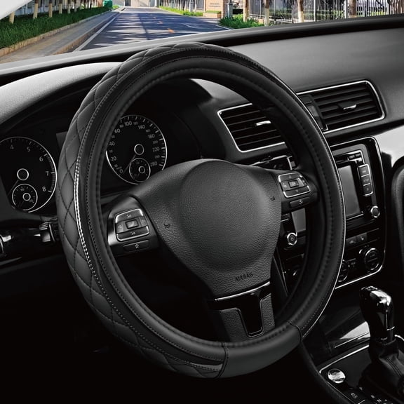 Leather Steering Wheel Cover – Black & Purple, Universal Fit 14.5-15 Inch, Microfiber Leather, Anti-Slip & Breathable Design for Men and Women