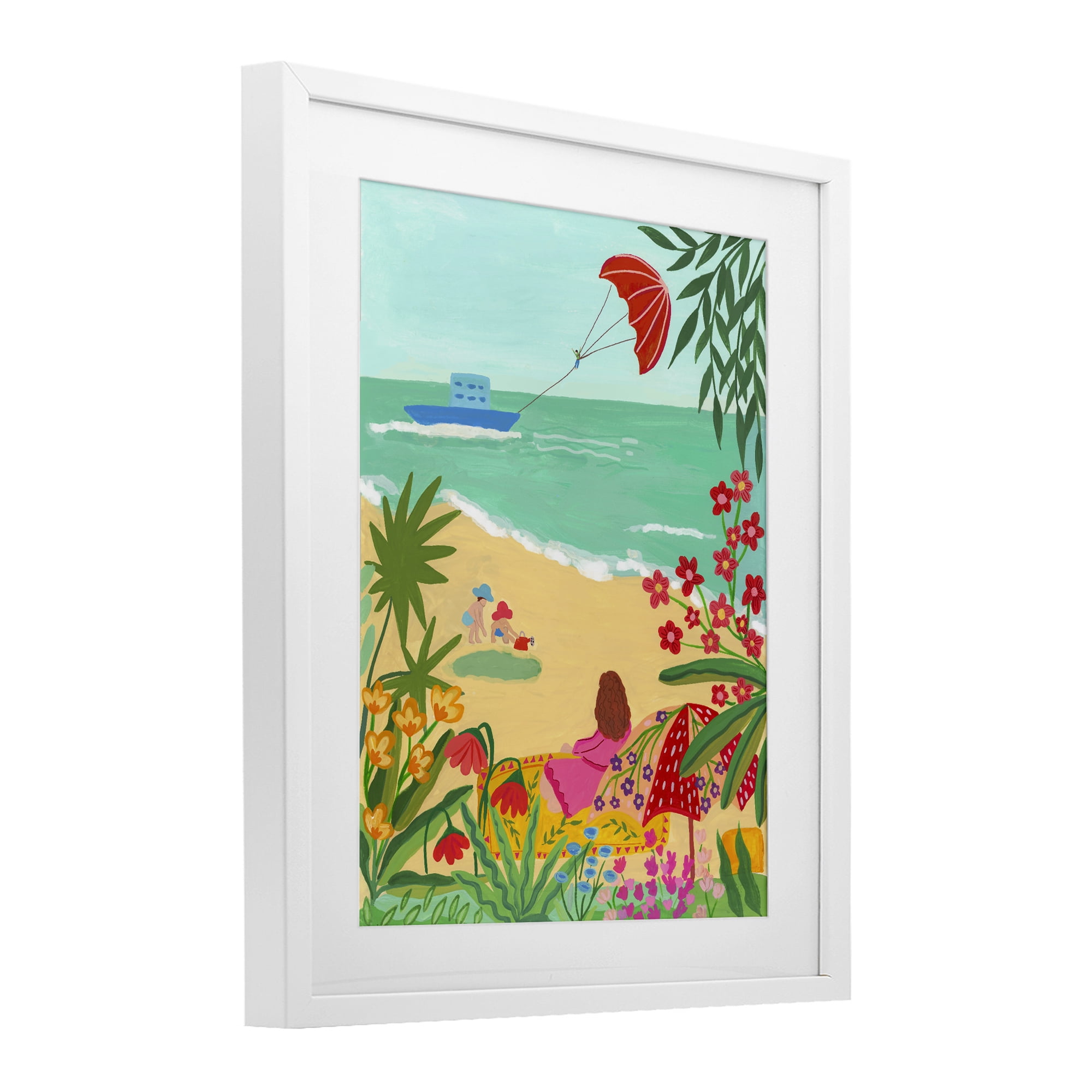 Beach And Flowers View White Framed Print Under Glass, design by Nabeela Rumi