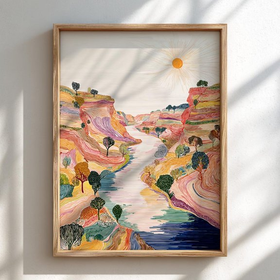Eclipse Bend Pastel River Landscape Nature Wall Art, Stretched Canvas