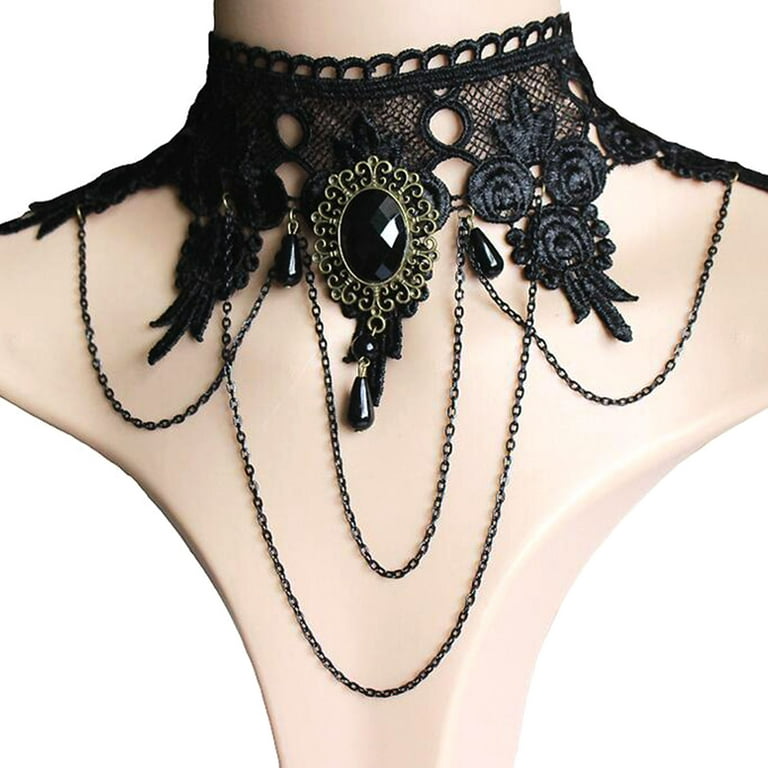 SSBSM Vintage Gothic Black Lace Choker Necklace with Extension