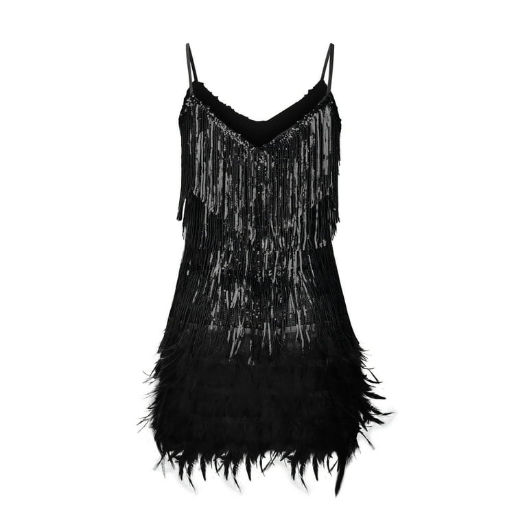 Zpanxa Sequin Dress for Women Feather Fringe Cami Dress Sexy