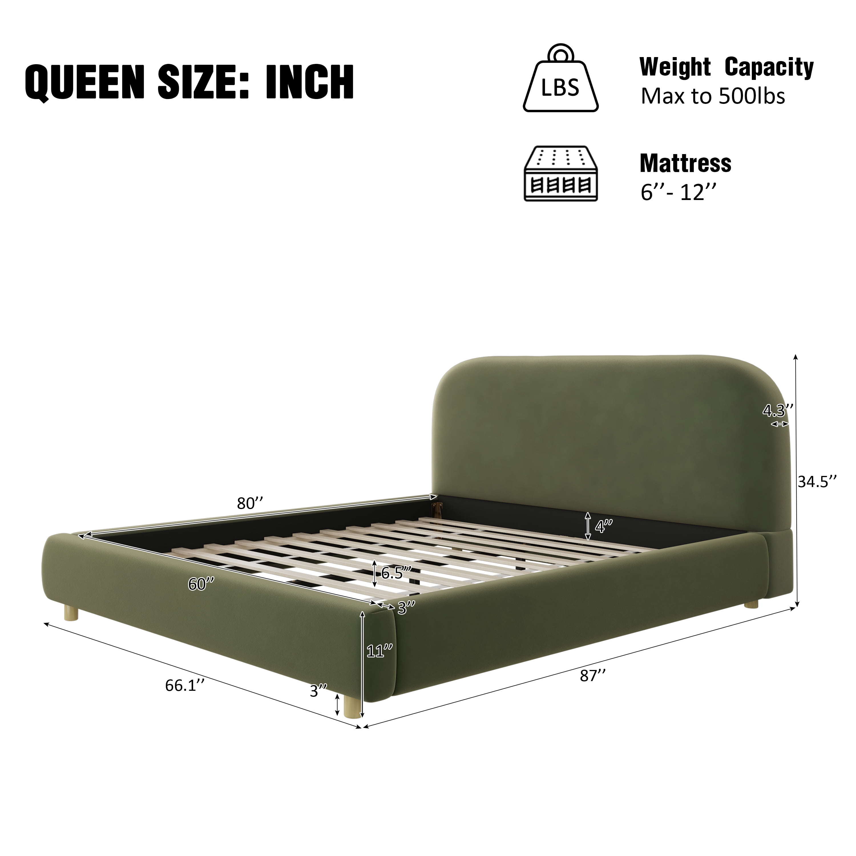 Queen Size Platform Bed with Plush Velvet Fabric, Curved Thick Padded Headboard, Upholstered Bed Frame with Wood Slats for Bedroom, Olive Green