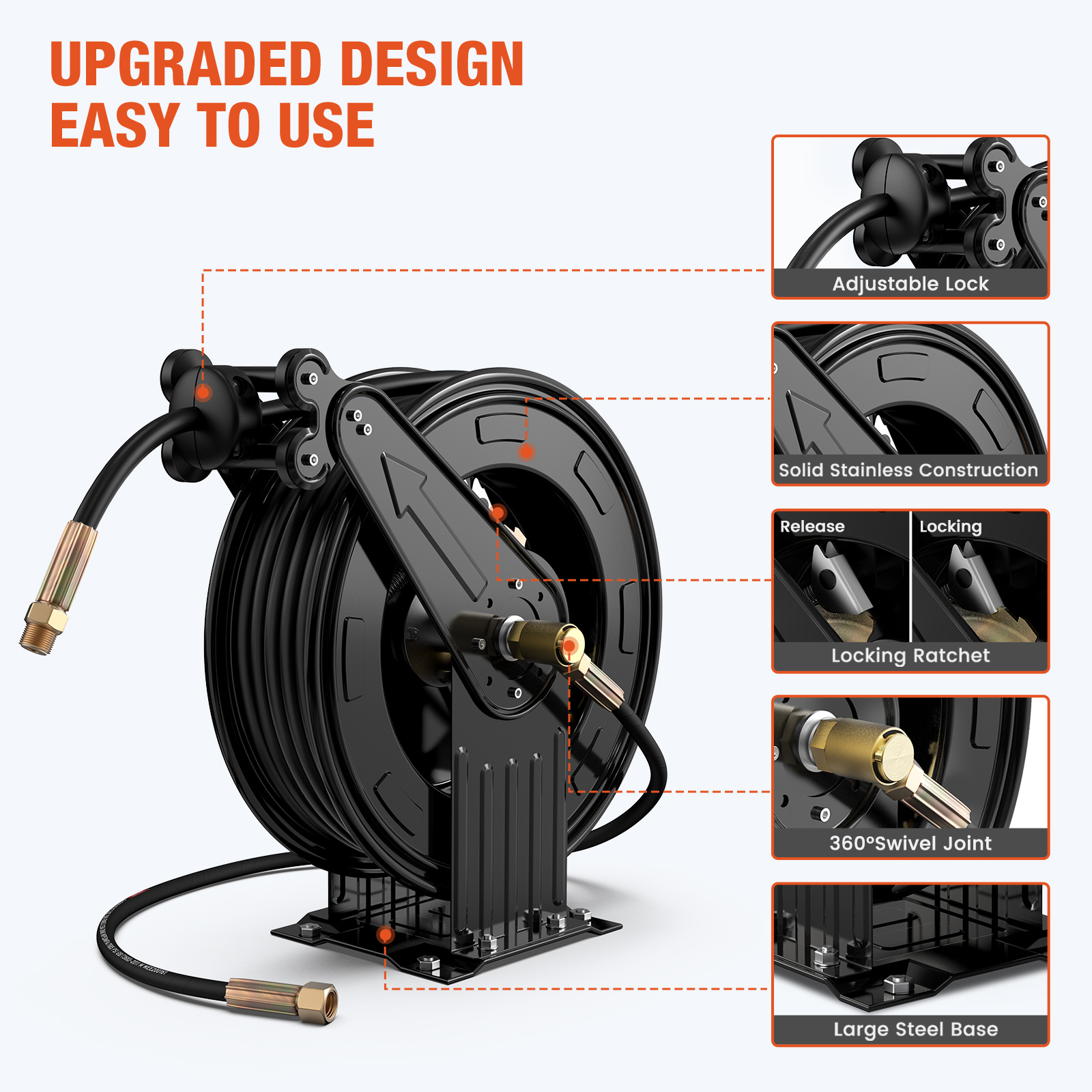 Xutumm Pressure Washer Reel, 3/8" x 50 FT Retractable Power Washer Hose Reel with 5 ft Lead, Dual Arm Heavy Duty Steel, for Air/Oil/Water