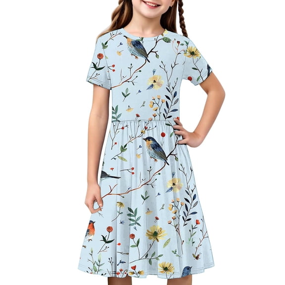 Avrntaa Girls Baggy Short Sleeve Dress Summer A-Line Maxi Dresses Graphic Print Flowy Sundress for 4-14Y