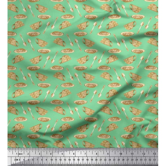 Soimoi Green Rayon Fabric Spoon,Cup & Plate Kitchen Printed Craft Fabric by the Yard 56 Inch Wide