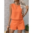 thumbnail image 2 of Womens 2 Piece Summer Linen Outfits Short Sets Round Neck Sleeveless Tank Top Elastic High Waisted Shorts Orange Red M, 2 of 8