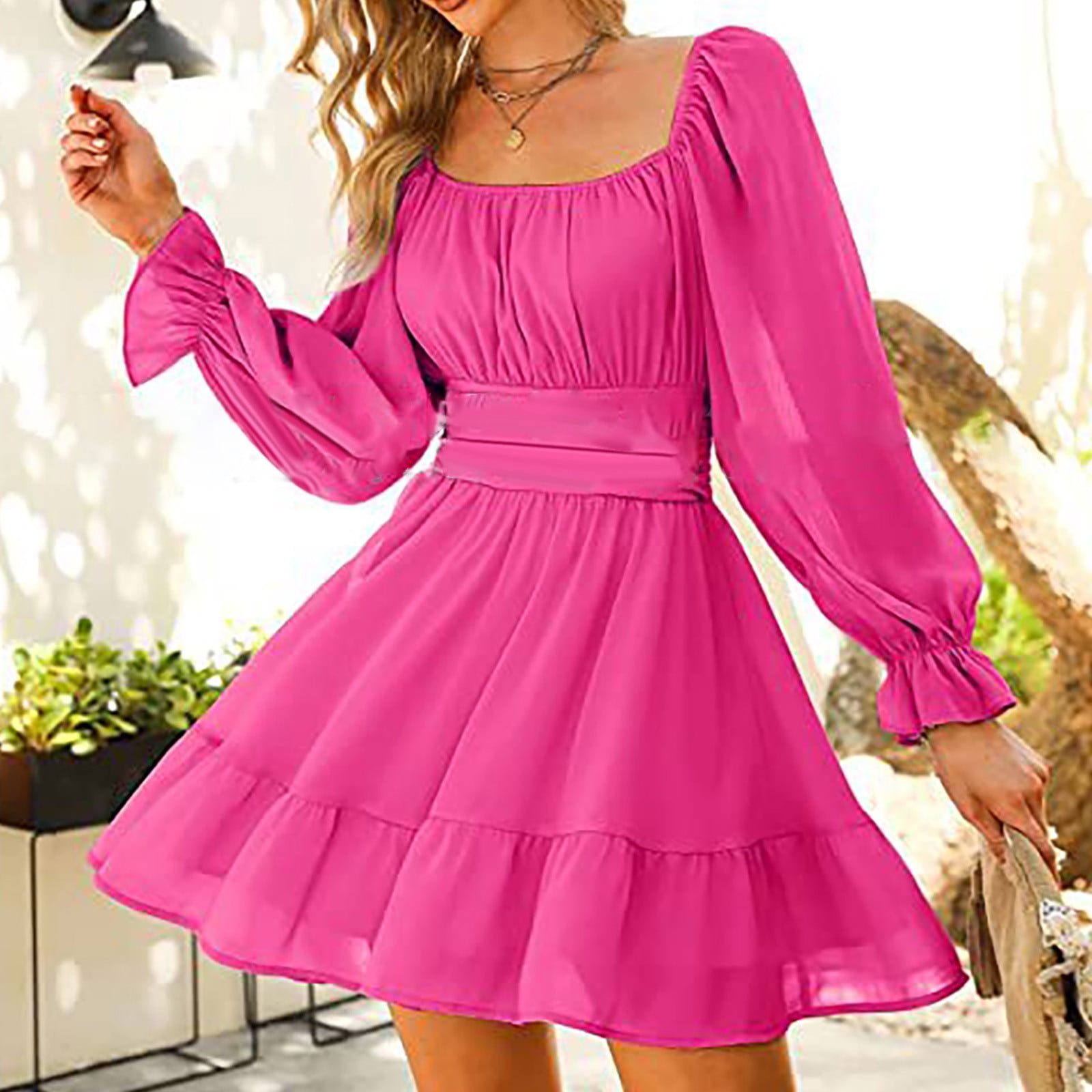 Wycnly Womens Empire Waist Dresses Casual Solid Ruffle Swing Chiffon  Sundress Long Puff Sleeve Square Neck Mini Dress Hot Pink Formal Dresses  for Women - Walmart.com