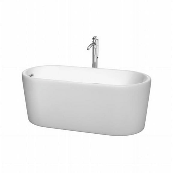 Ursula 59in. Soaking Bathtub in White Polished Chrome Trim and Polished Chrome Floor Mounted Faucet