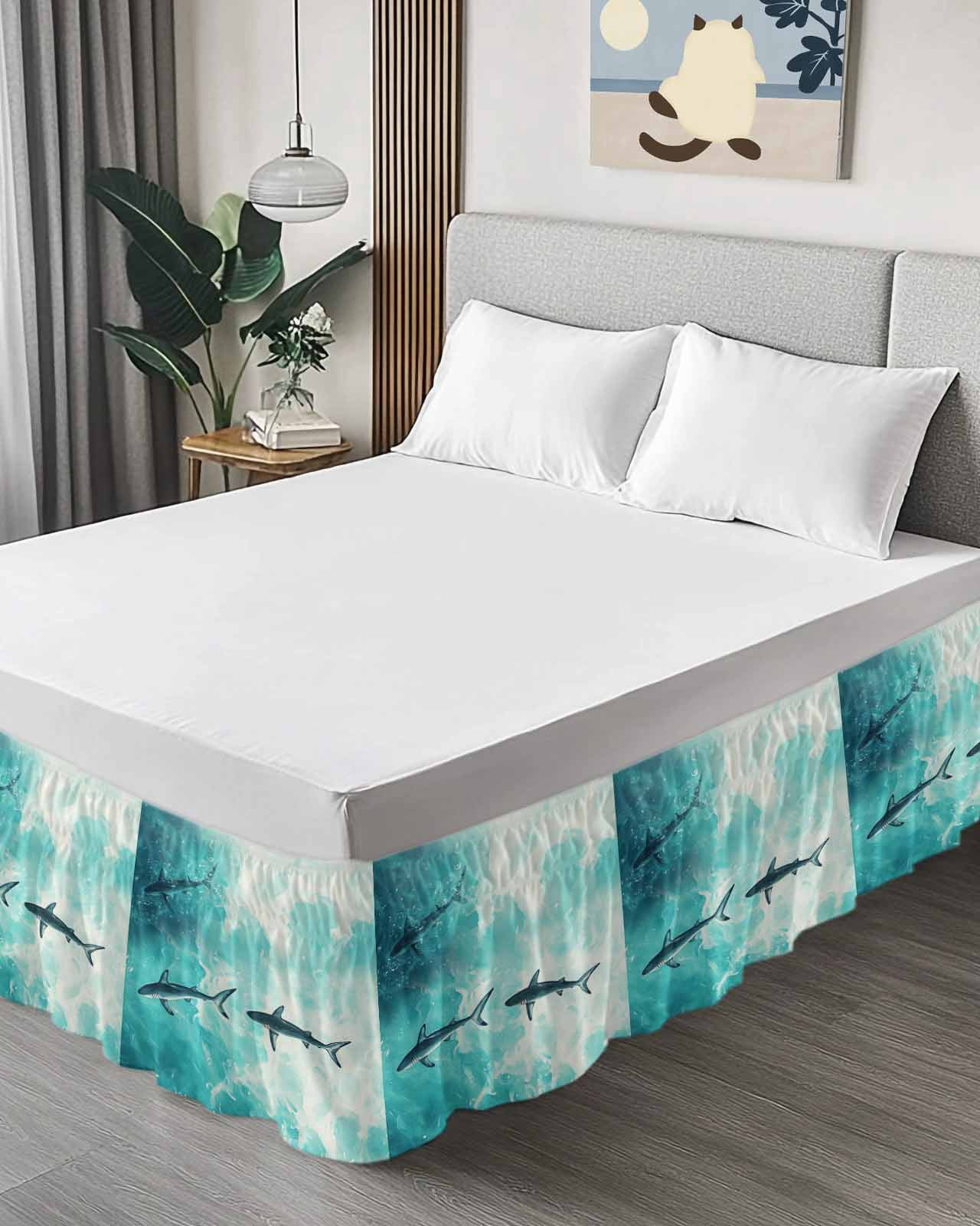 Ocean Shark Wrap Around Bed Skirts for Queen Bed 16" Drop, Bed Skirt with Adjustable Elastic Belt Dust Ruffle Bed Valance for Bedroom Hotel Luxury Teal Green Wave Summer Beach Coastal Bed Frame Cover