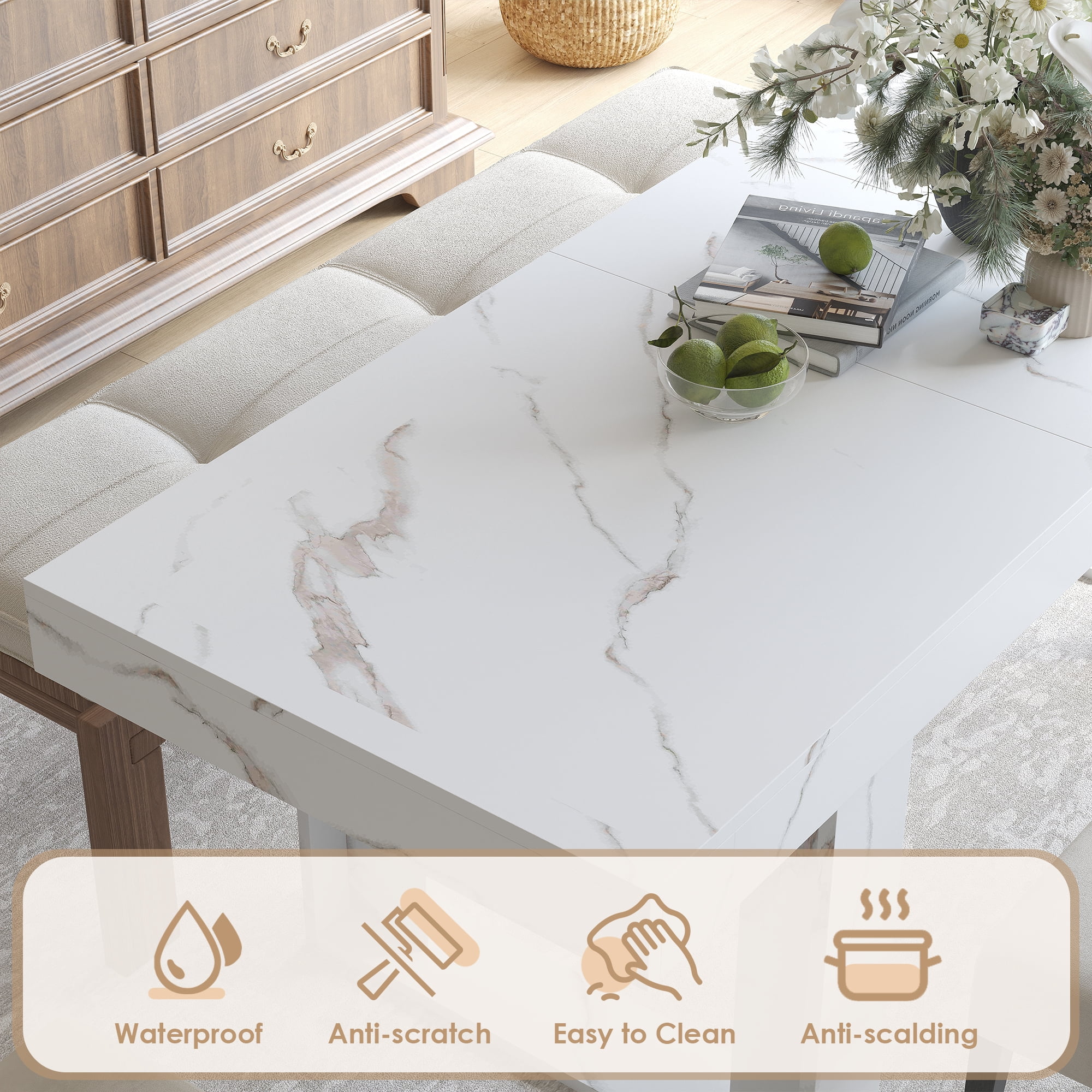 Coewske 70.9''-86.6'' Wooden Extendable Dining Table Kitchen Expanding Table w/Faux Marble Tabletop White