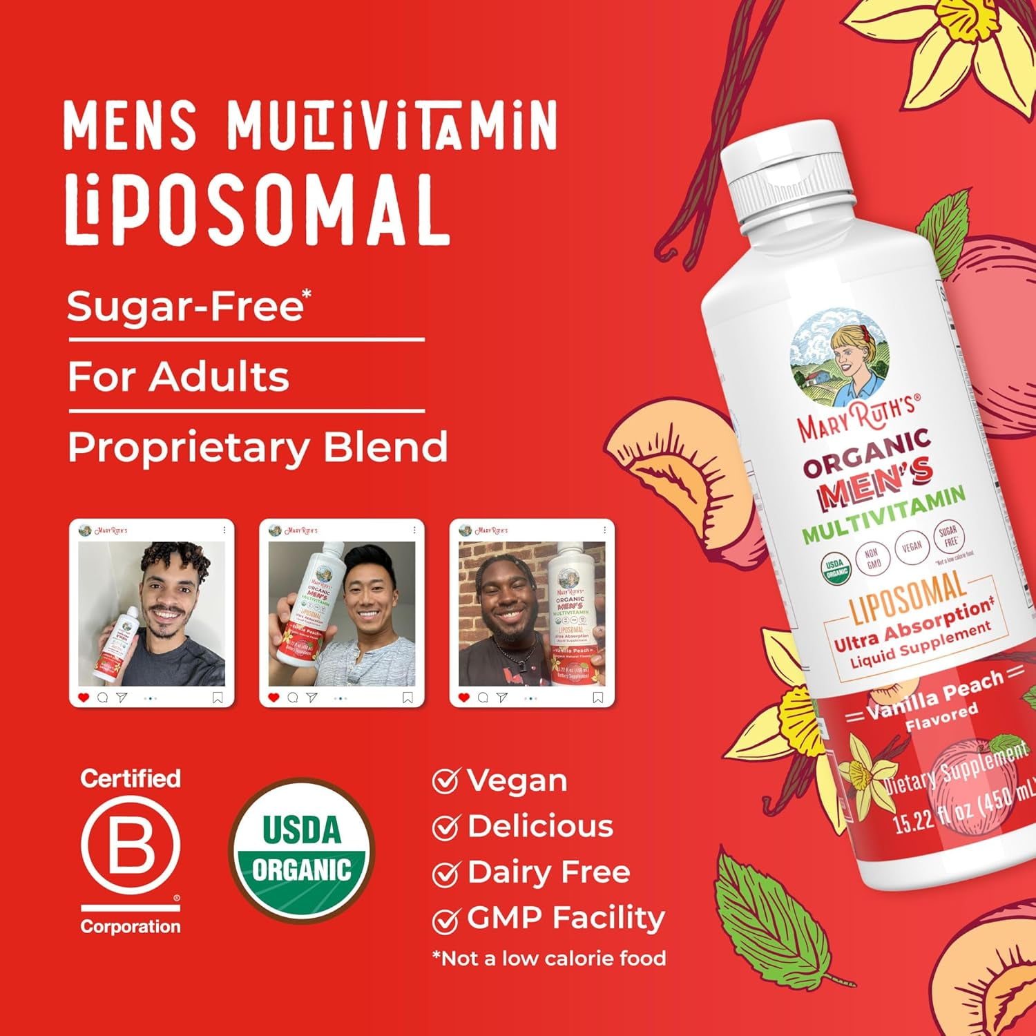 MaryRuth's USDA Organic Men's Multivitamin Liposomal for Energy Support, Immunity, Metabolism, Overall Health, Vanilla Peach Flavor, 15.22 fl oz