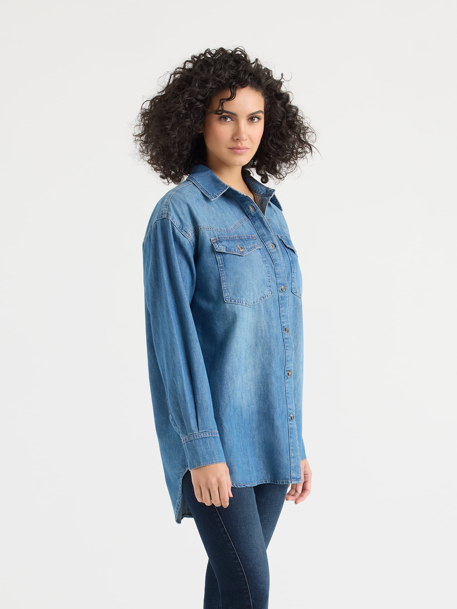 Sofia by Sofia Vergara Women's and Women's Plus Sofia Oversized Boyfriend Shirt with Long Sleeves, Sizes XS-4X